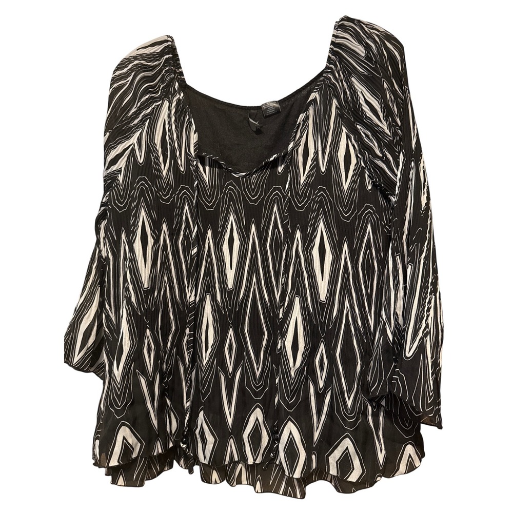 New Directions XL Black White Geometric Tiered Ruffle Sleeve Peasant Blouse